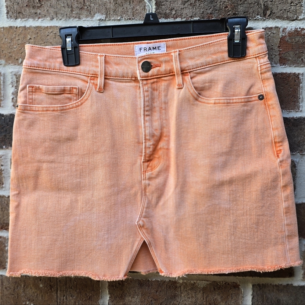 Frame Denim Orange Pink Frayed Hem Mini Skirt Size 29 High Rise Denim
